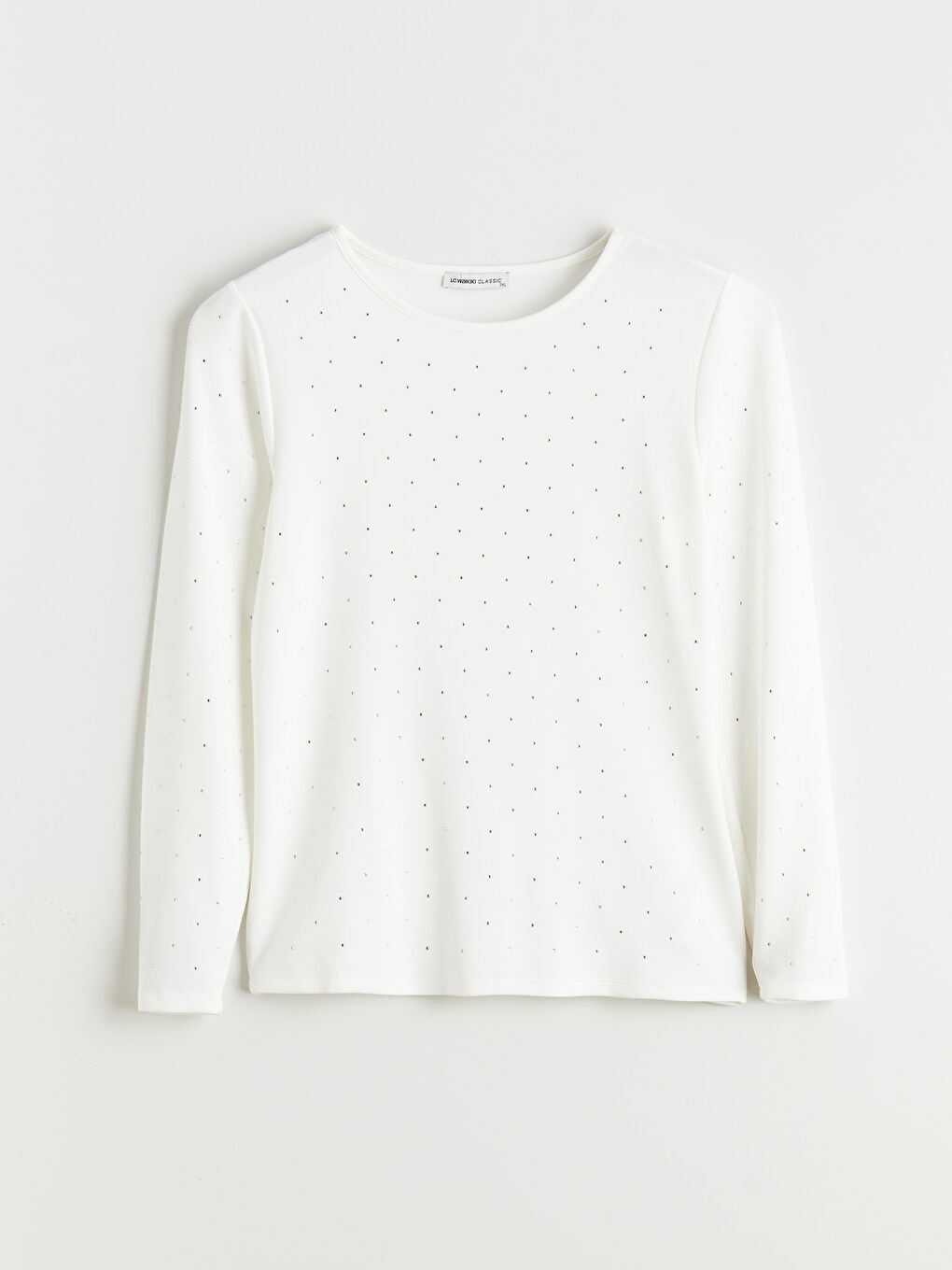 Ekru Bisiklet Yaka Taşlı Kadın Tişört-2