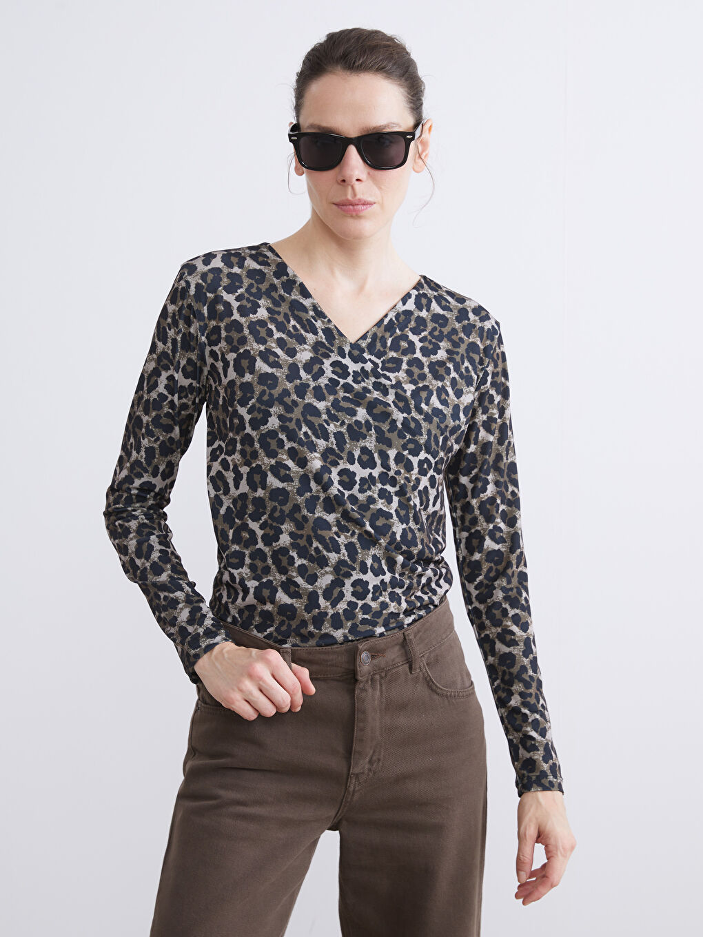 Plus Size Double Breasted Leopard Print Blouse