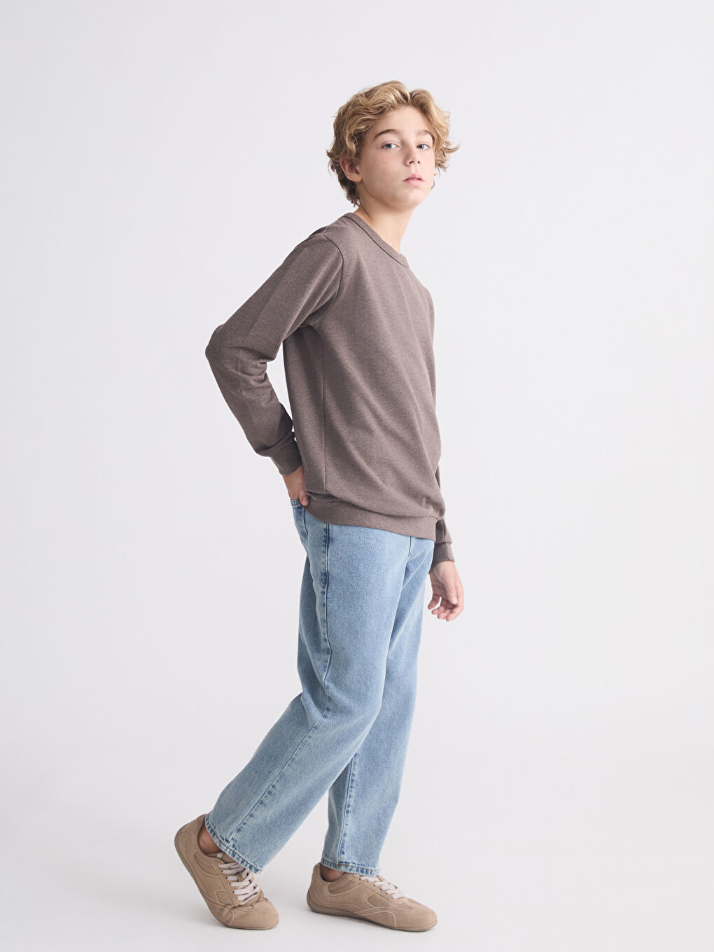 Kahverengi Bisiklet Yaka Erkek Çocuk Sweatshirt-1