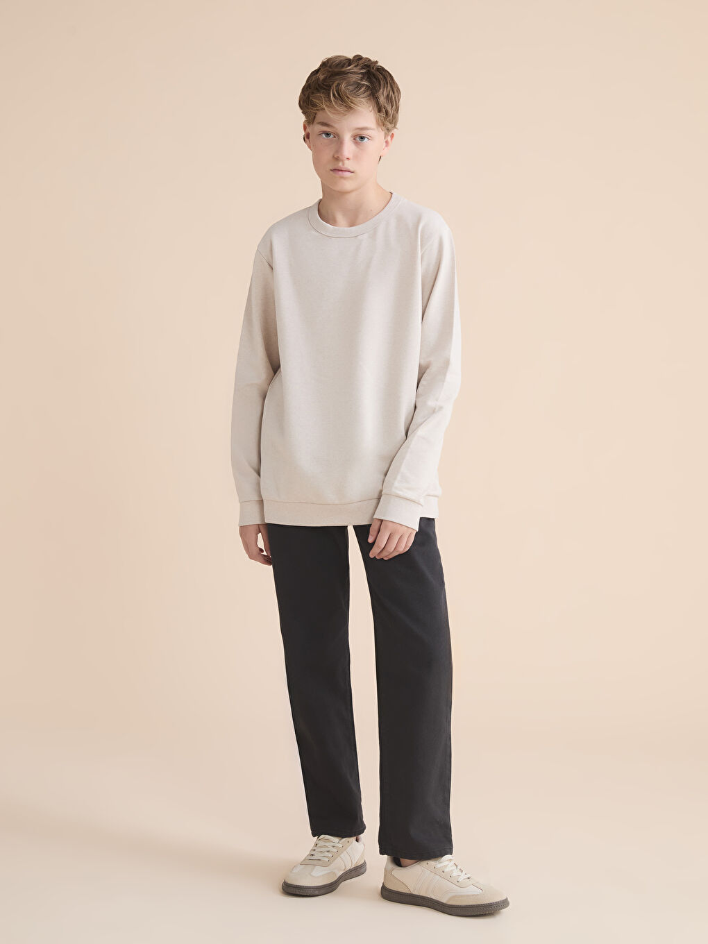 Bej Bisiklet Yaka Erkek Çocuk Sweatshirt-1