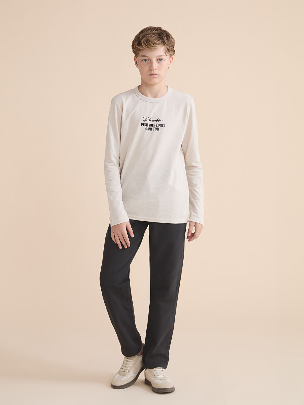 Bej Bisiklet Yaka Uzun Kollu Erkek Çocuk Tişört-1