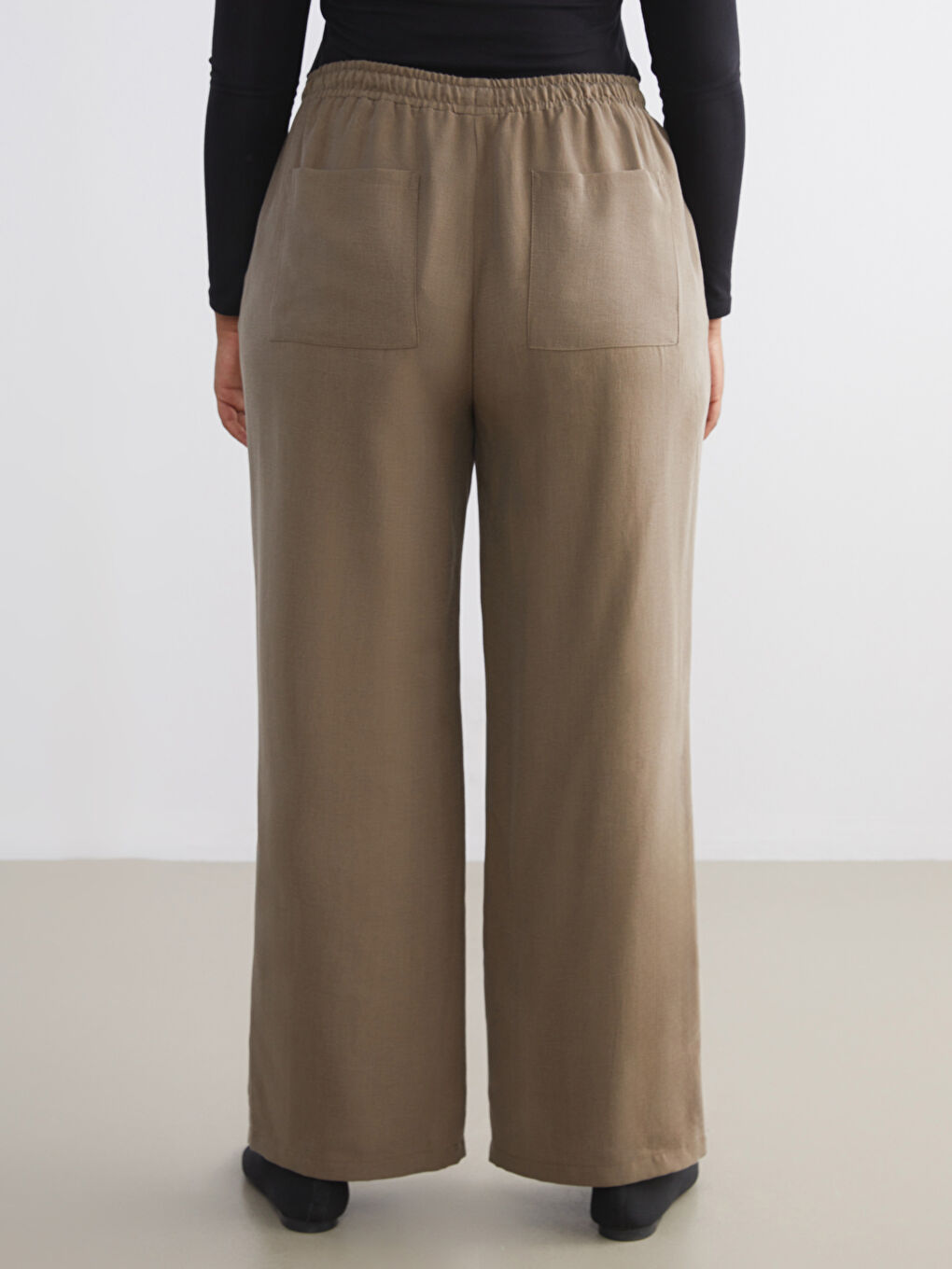 Haki Büyük Beden Beli Lastikli Geniş Paça Kadın Pantolon-5