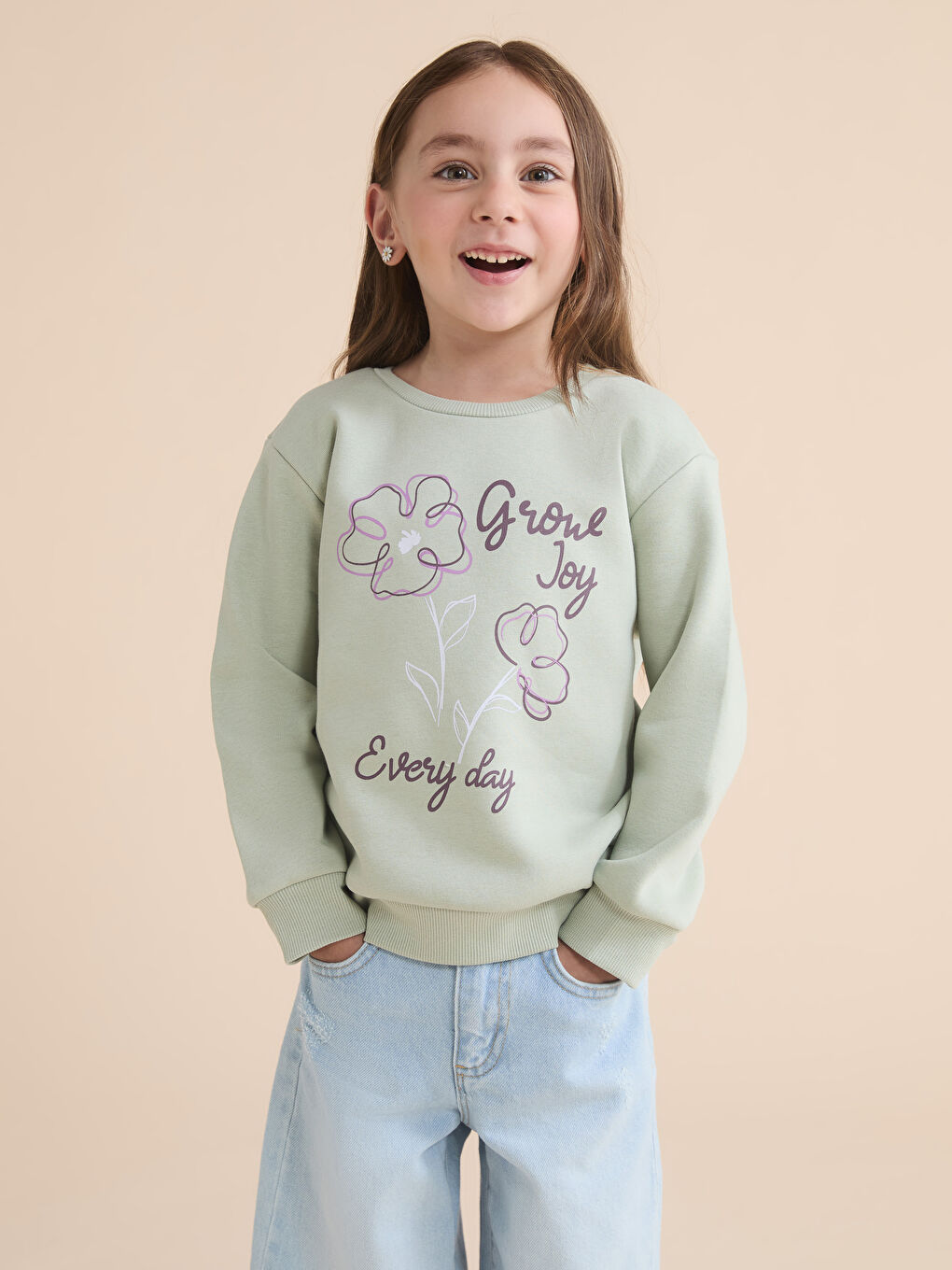 Yeşil Bisiklet Yaka Baskılı Kız Çocuk Kalın Sweatshirt