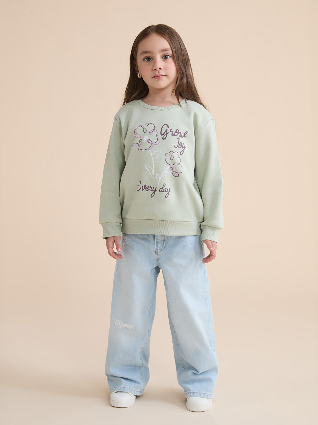 Yeşil Bisiklet Yaka Baskılı Kız Çocuk Kalın Sweatshirt-1