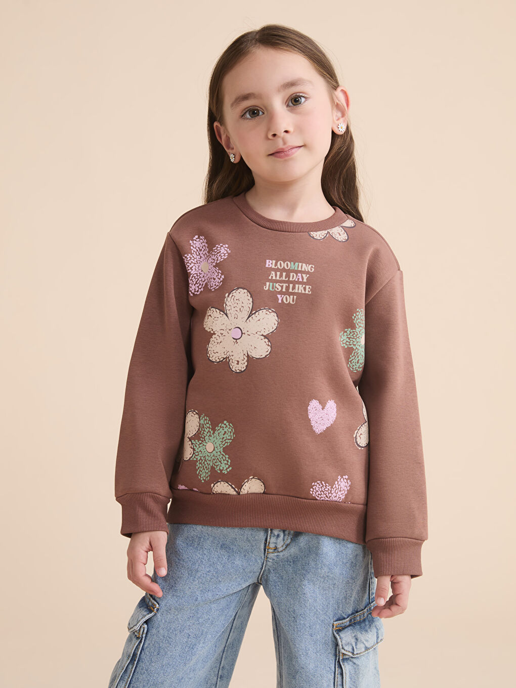 Crew Neck Floral Girls' Thick Sweatshirt