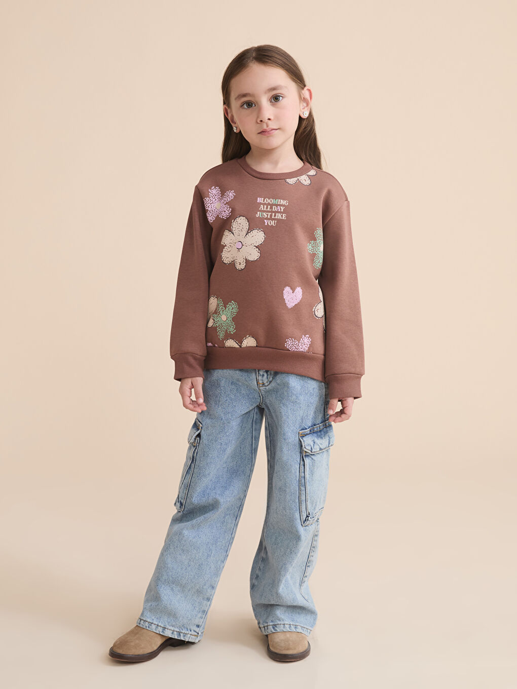 Crew Neck Floral Girls' Thick Sweatshirt-1