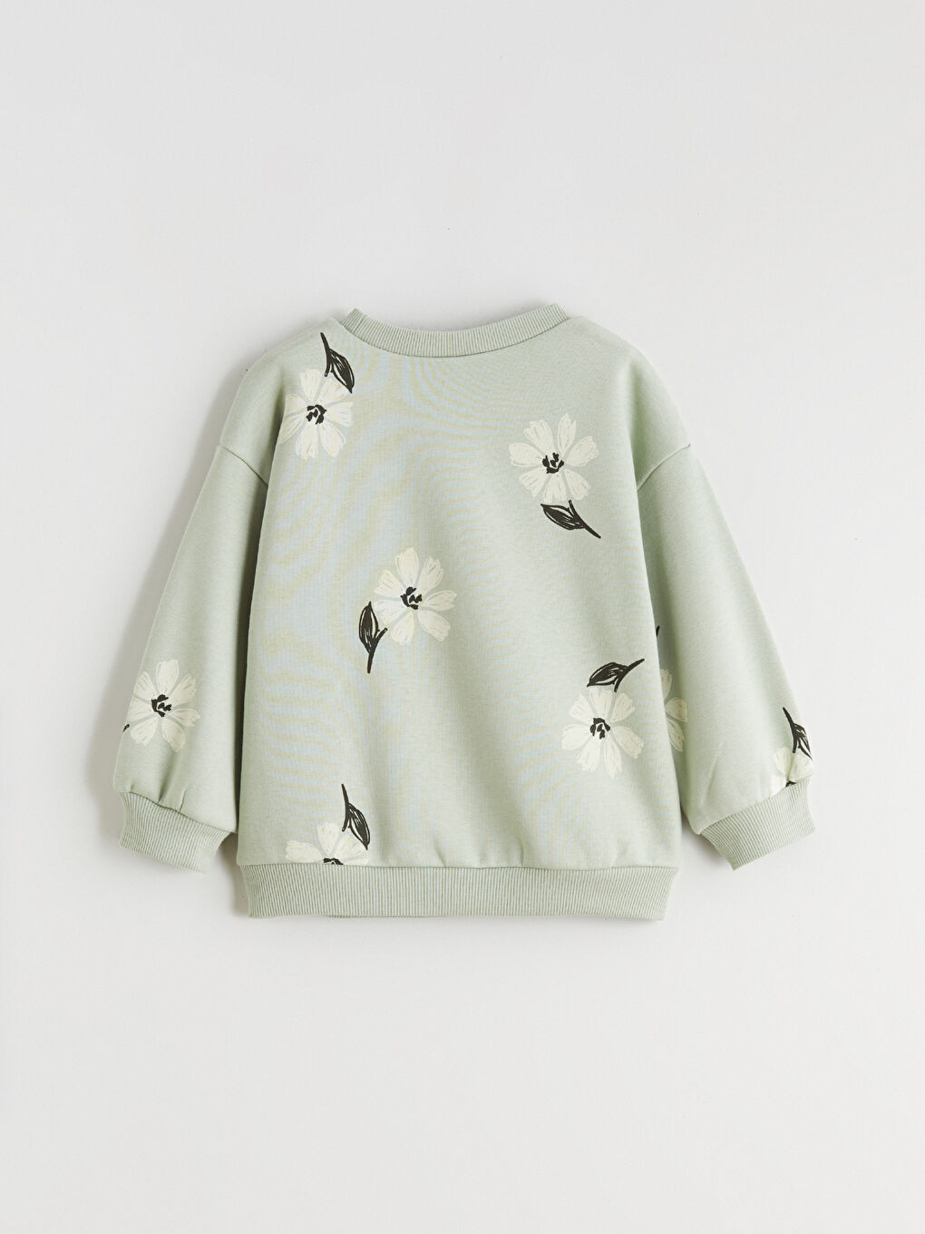 Yeşil Bisiklet Yaka Çiçekli Kız Çocuk Kalın Sweatshirt-3