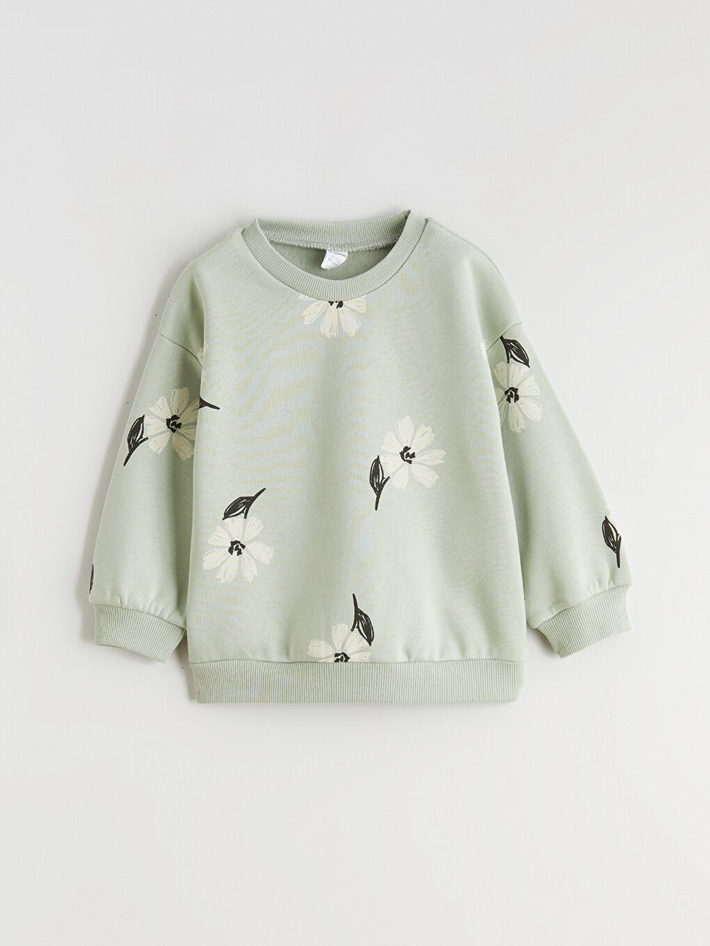 Yeşil Bisiklet Yaka Çiçekli Kız Çocuk Kalın Sweatshirt