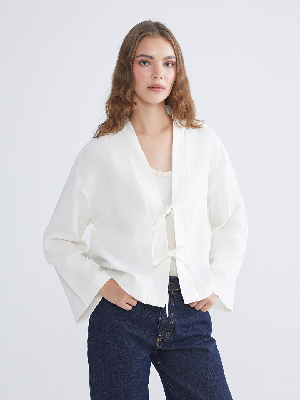 Ekru V Yaka Oversize Müslin Kadın Kimono