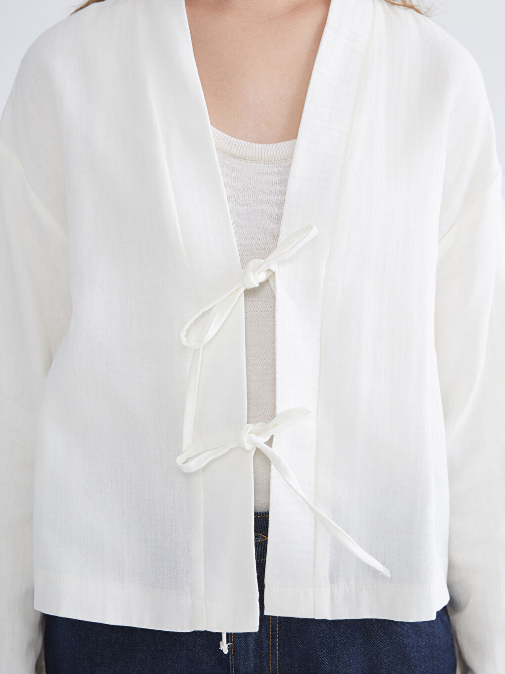 Ekru V Yaka Oversize Müslin Kadın Kimono-2