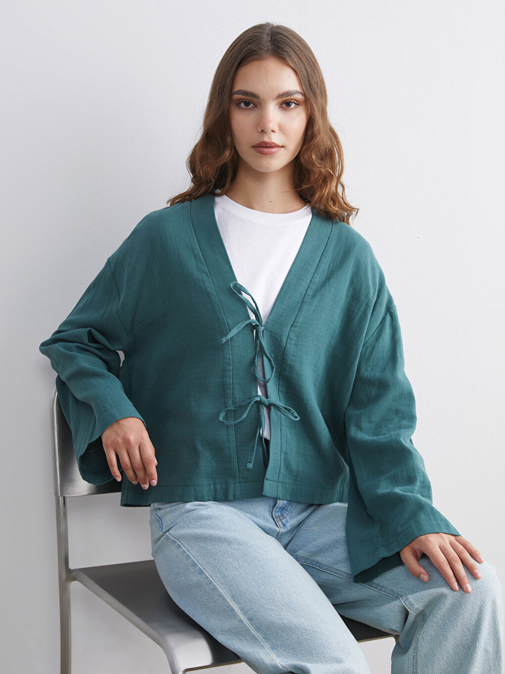 Yeşil V Yaka Oversize Müslin Kadın Kimono