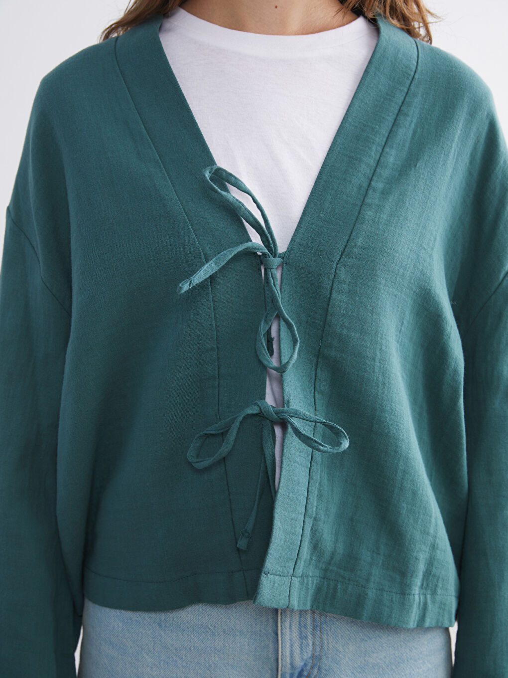 Yeşil V Yaka Oversize Müslin Kadın Kimono-2