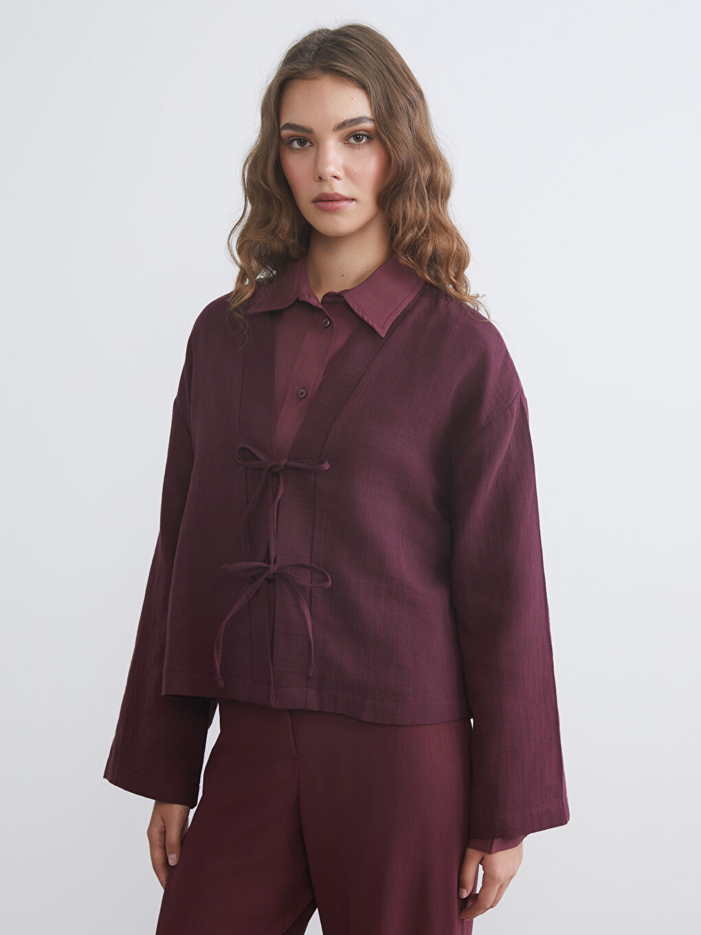 Mürdüm V Yaka Oversize Müslin Kadın Kimono