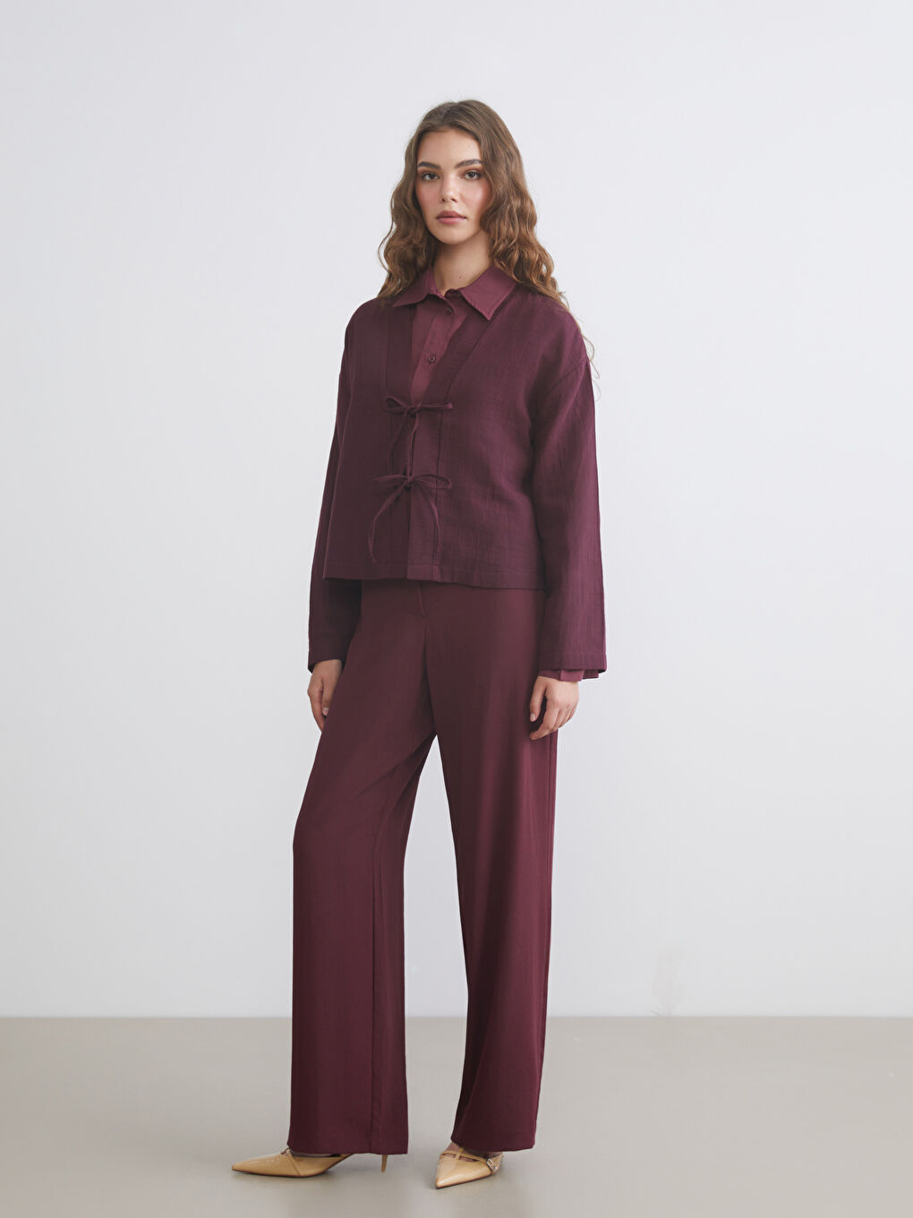 Mürdüm V Yaka Oversize Müslin Kadın Kimono-1