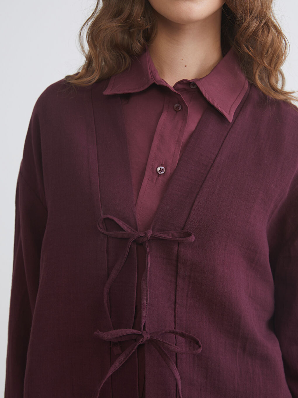 Mürdüm V Yaka Oversize Müslin Kadın Kimono-2