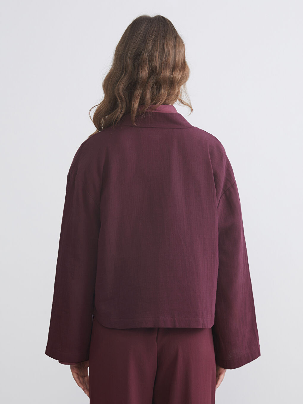 Mürdüm V Yaka Oversize Müslin Kadın Kimono-3