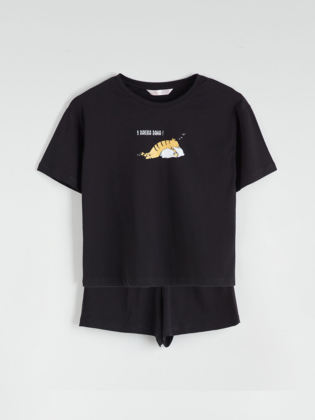 Siyah Bisiklet Yaka Baskılı Kadın Şortlu Pijama Takımı-4