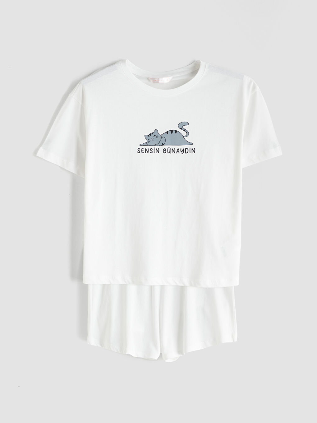 Ekru Bisiklet Yaka Baskılı Kadın Şortlu Pijama Takımı-4