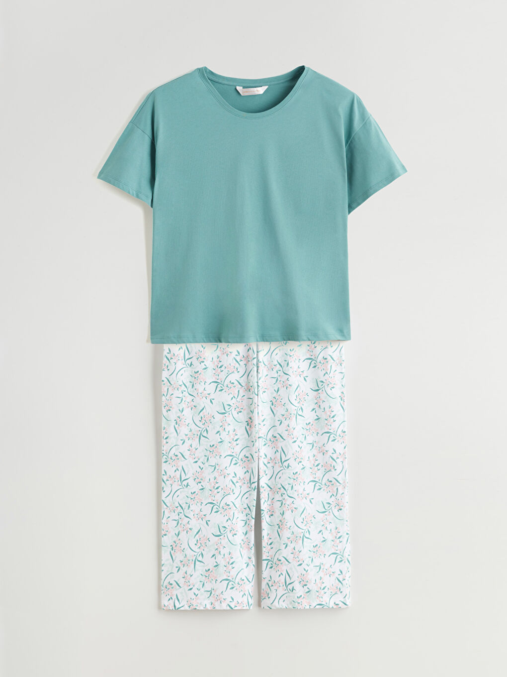 Ekru Bisiklet Yaka Çiçekli Kadın Kaprili Pijama Takımı-2