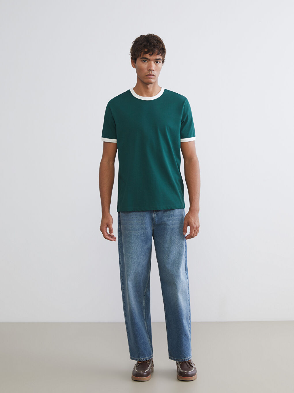 Yeşil Kontrast Detaylı Erkek Penye Tişört-1