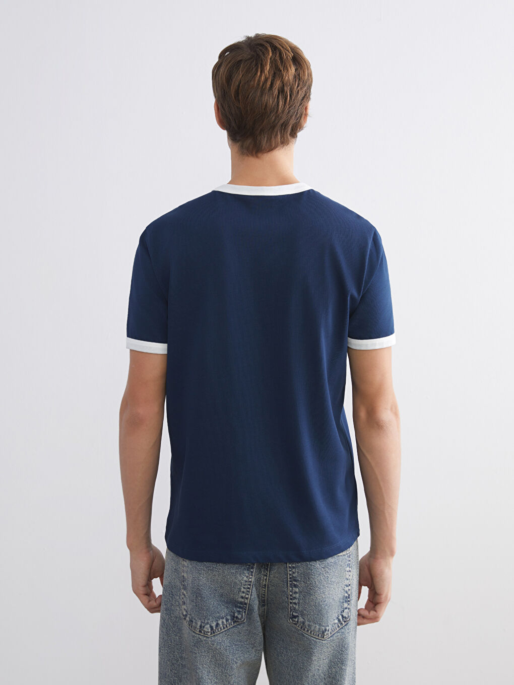 Lacivert Kontrast Detaylı Erkek Penye Tişört-3