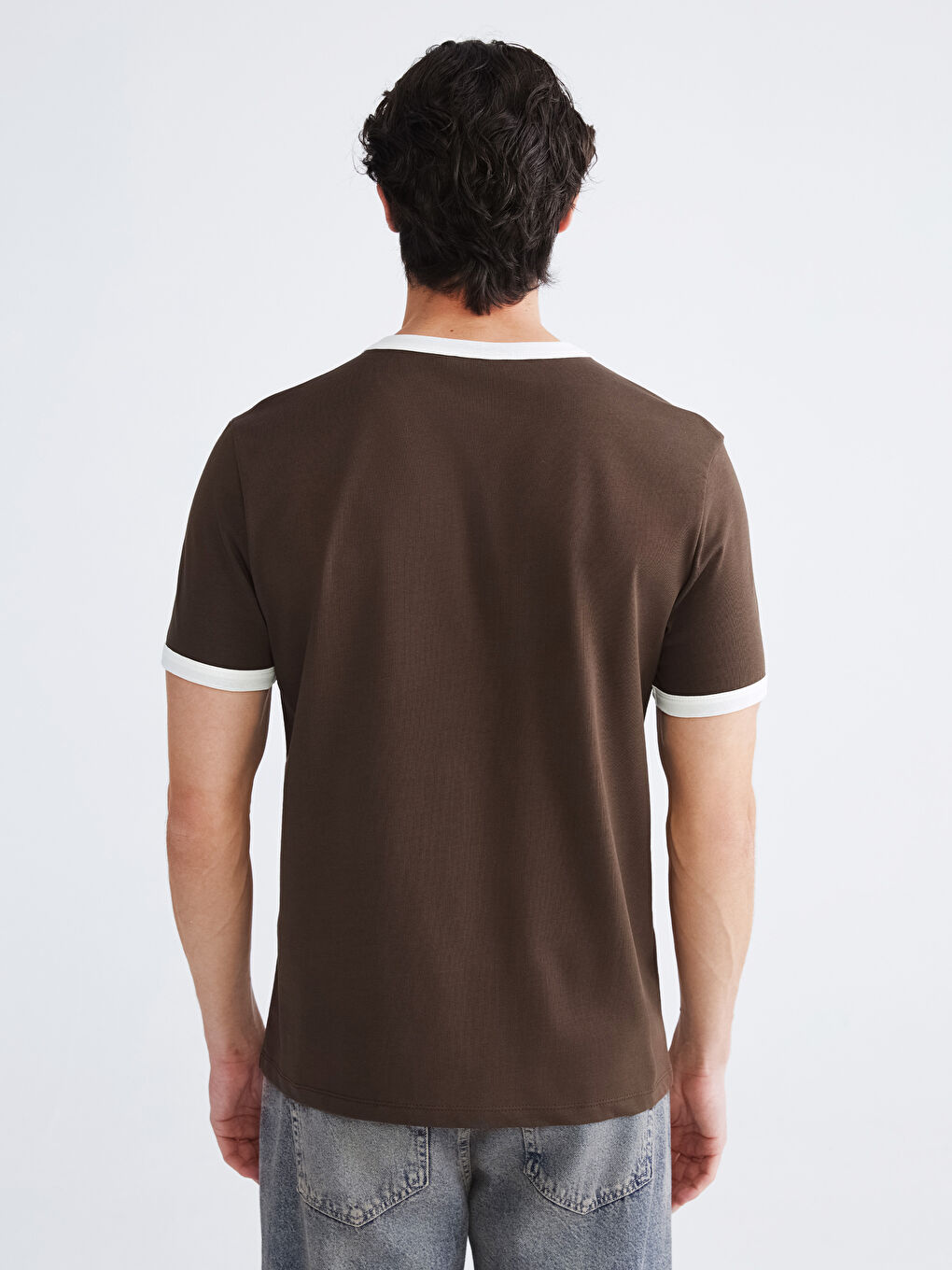 Kahverengi Kontrast Detaylı Erkek Penye Tişört-3