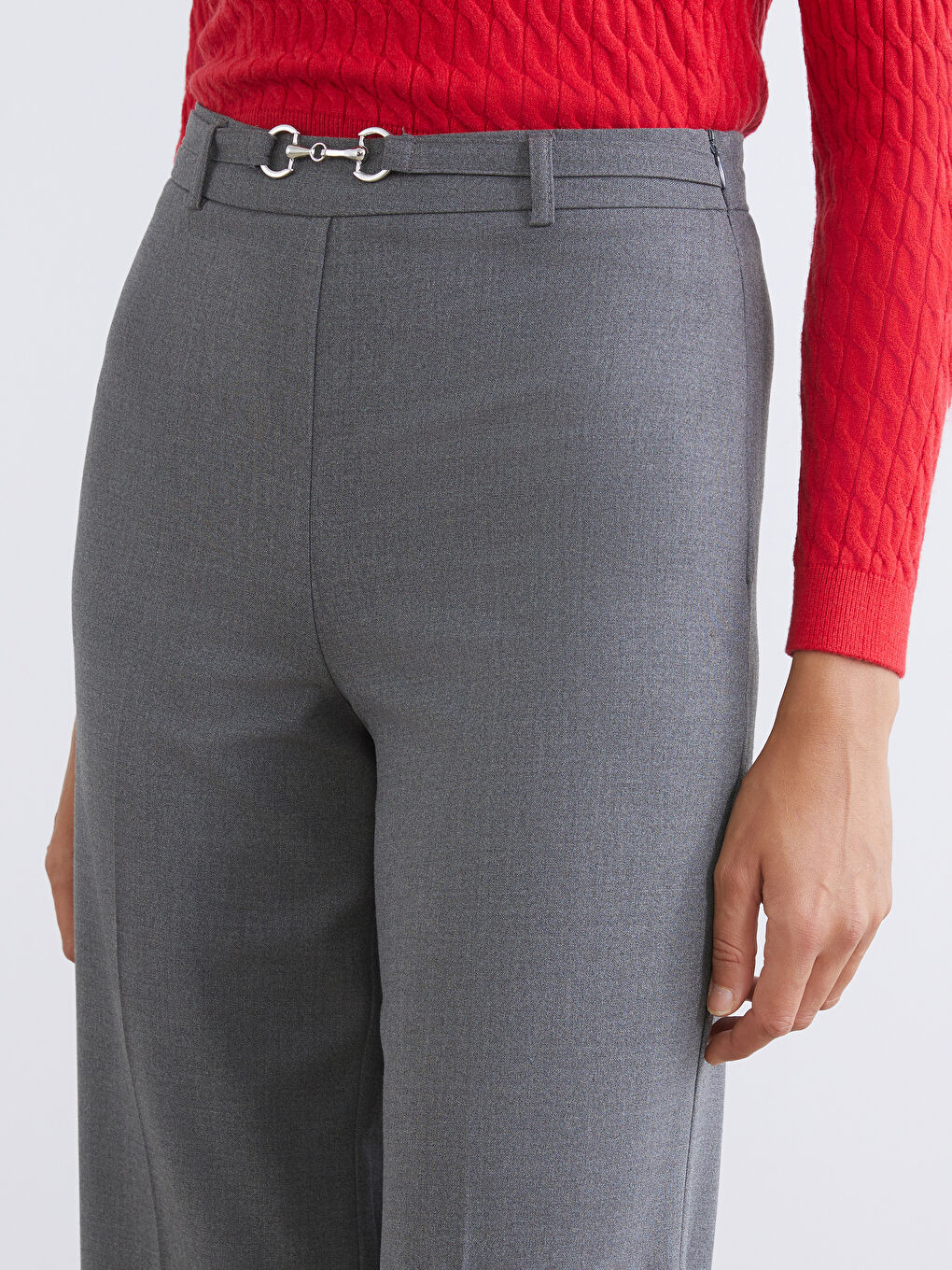 Gri Dar Fit Geniş Paça Kadın Pantolon-2