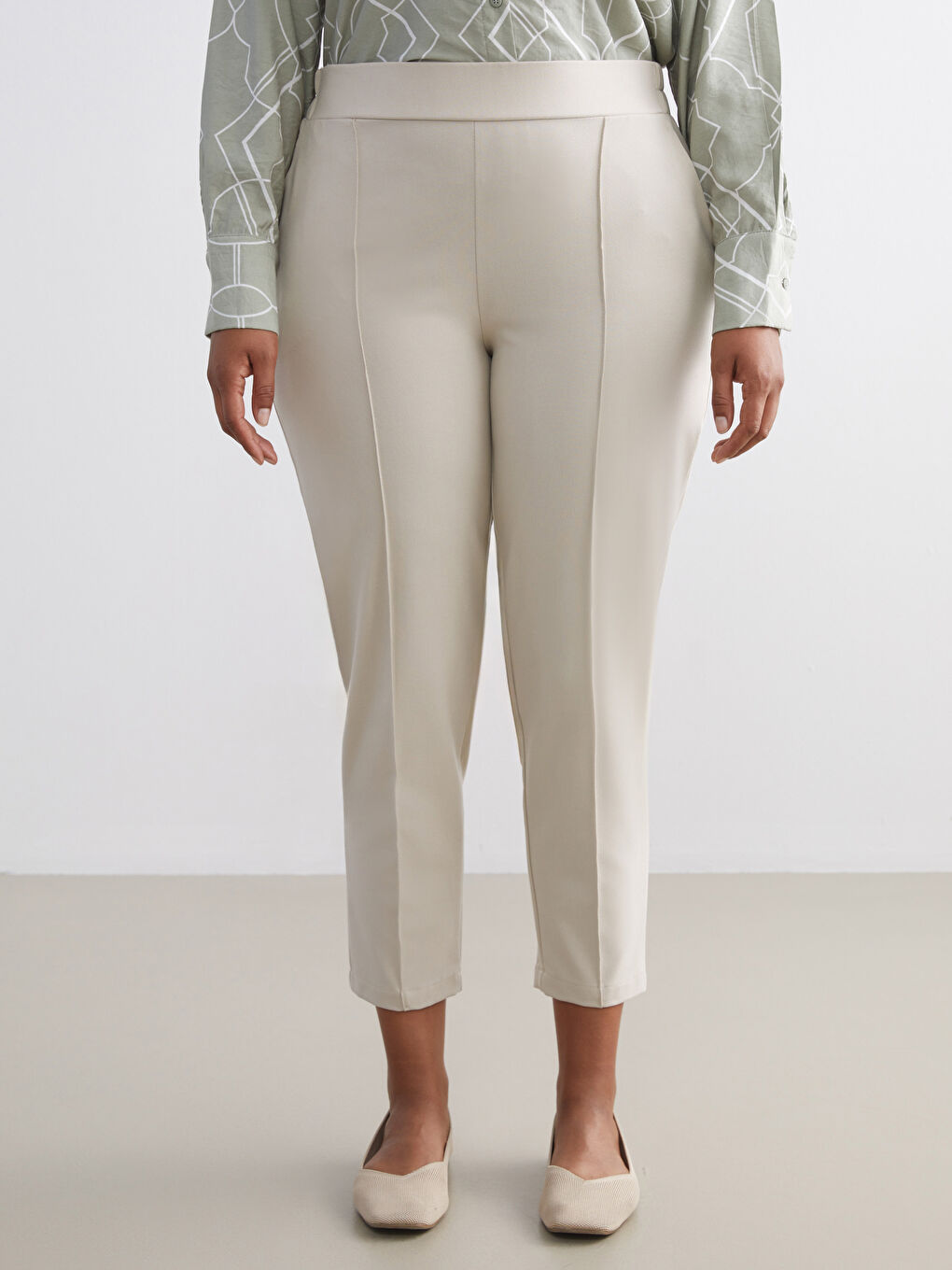 Bej Beli Lastikli Kadın Pantolon-1