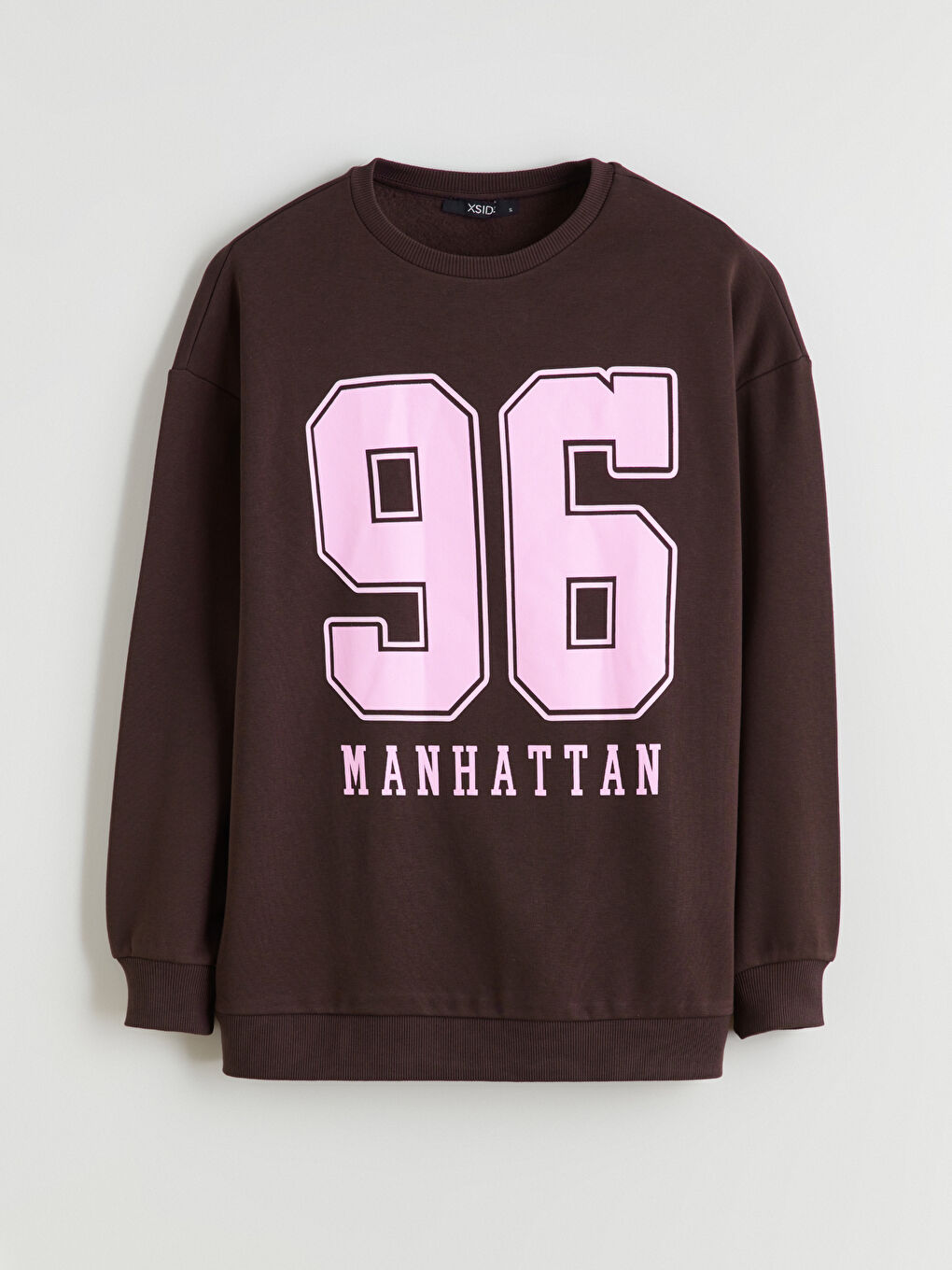 Kahverengi Bisiklet Yaka Baskılı Oversize Kadın Sweatshirt-4