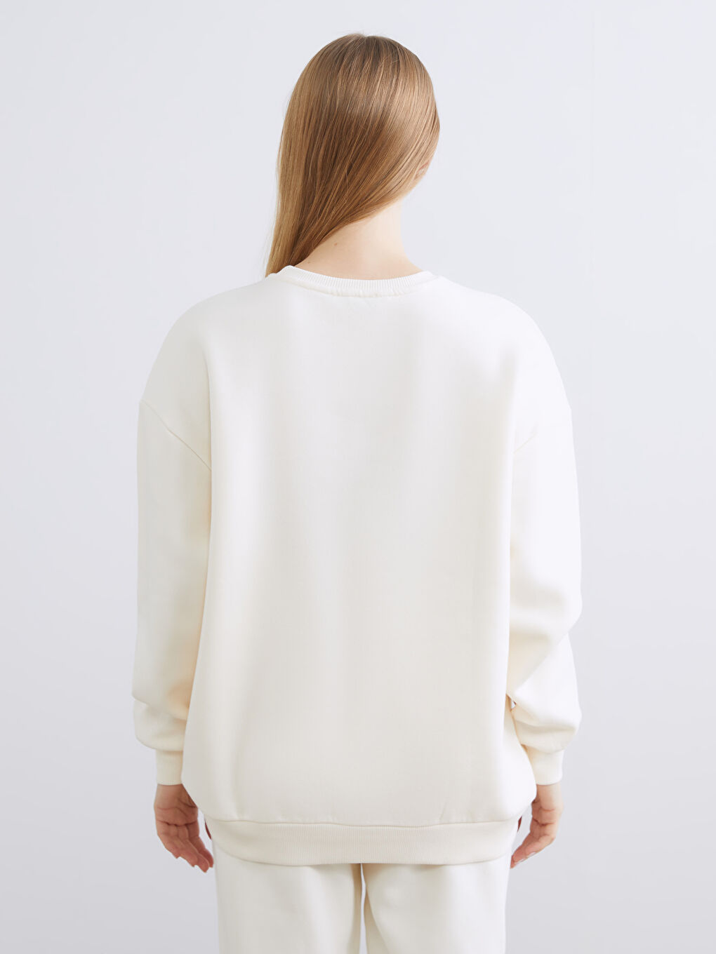 Bej Boston Baskılı Oversize Kadın Kalın Sweatshirt-3