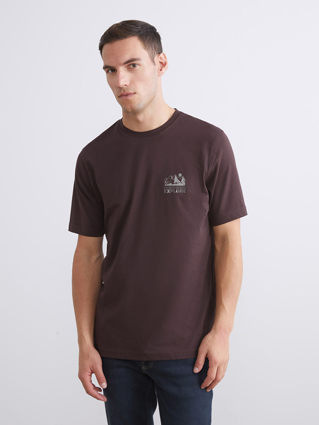 Mürdüm Bisiklet Yaka Baskılı Penye Erkek Tişört