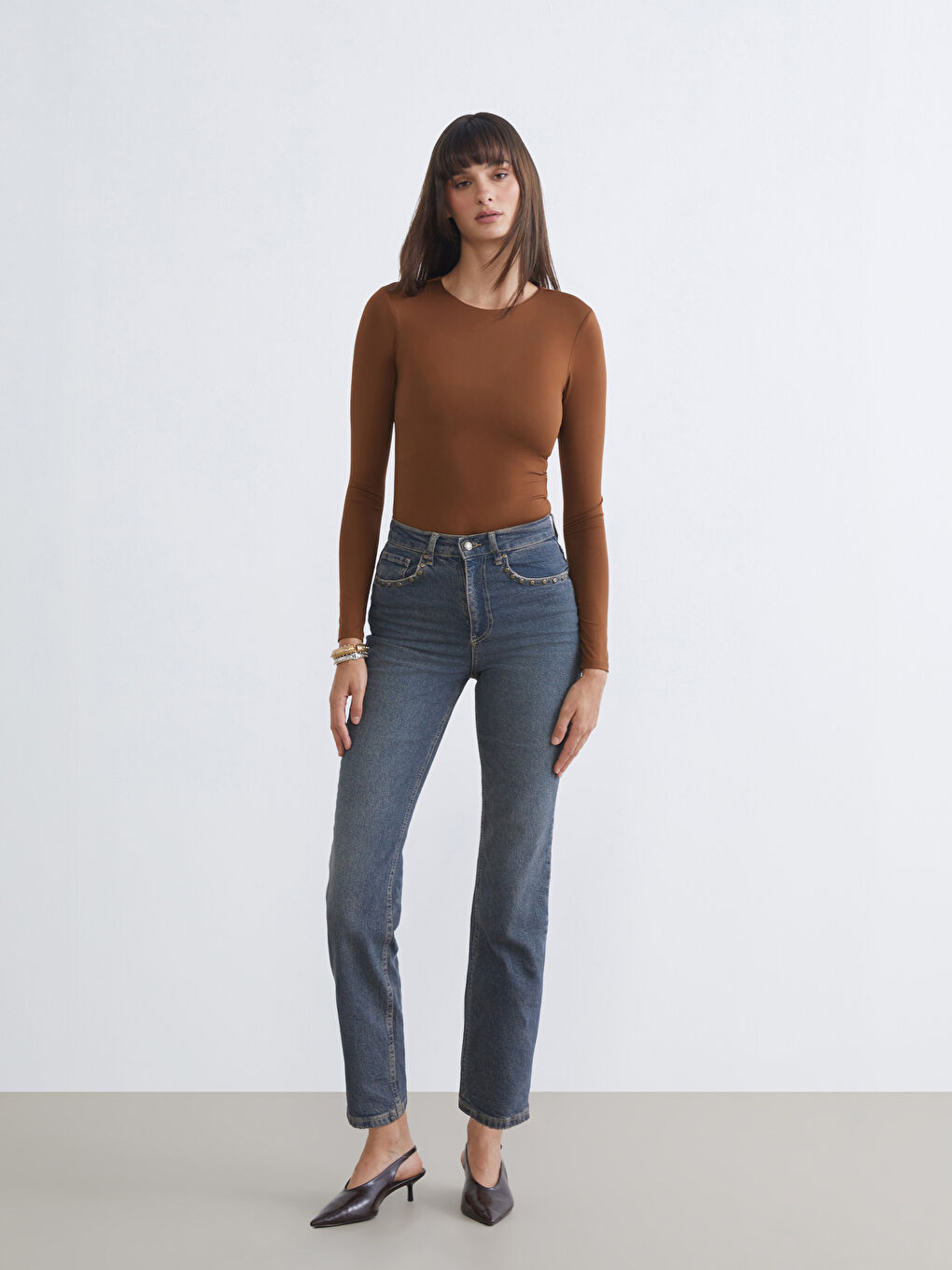 Kahverengi Bisiklet Yaka Kadın Bodysuit-1