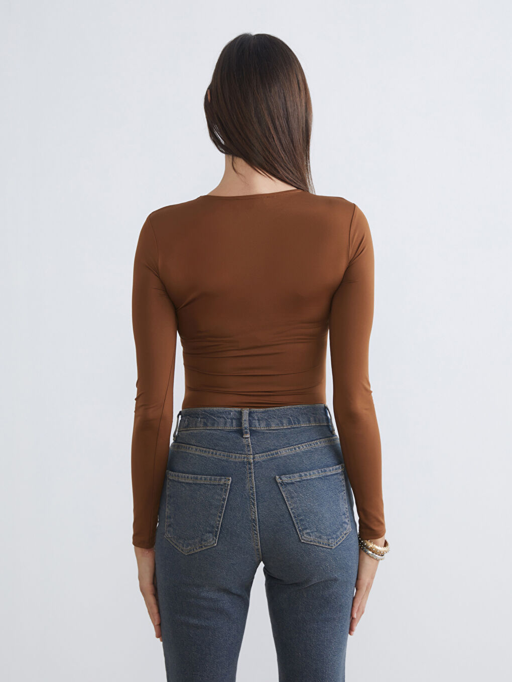 Kahverengi Bisiklet Yaka Kadın Bodysuit-3