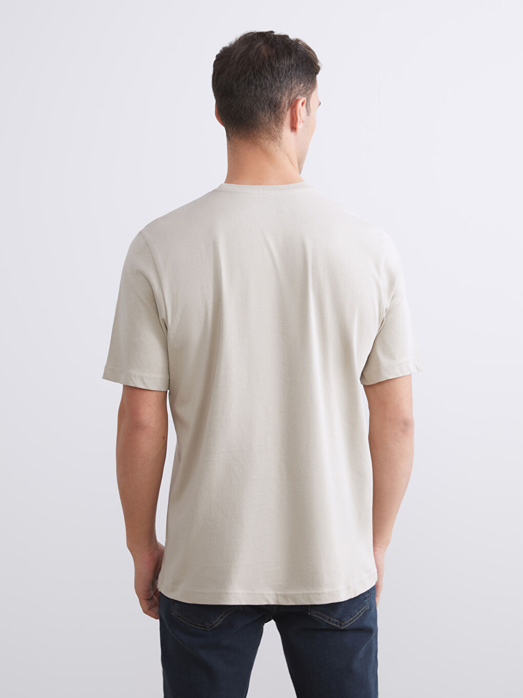 Bej Bisiklet Yaka Baskılı Penye Erkek Tişört-3