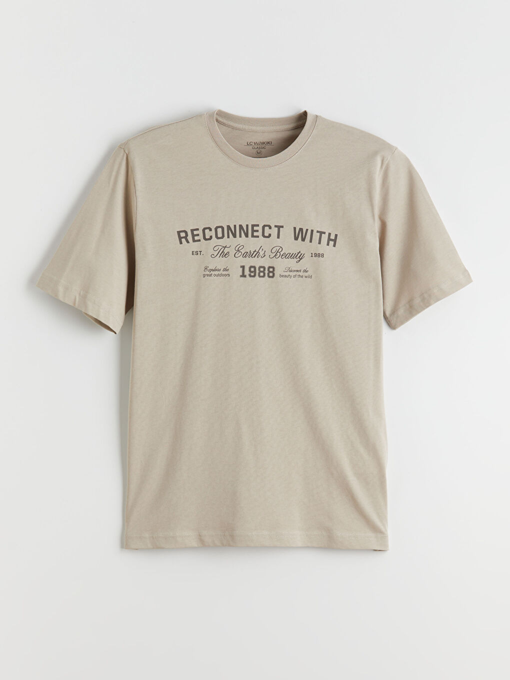 Bej Bisiklet Yaka Baskılı Penye Erkek Tişört-4