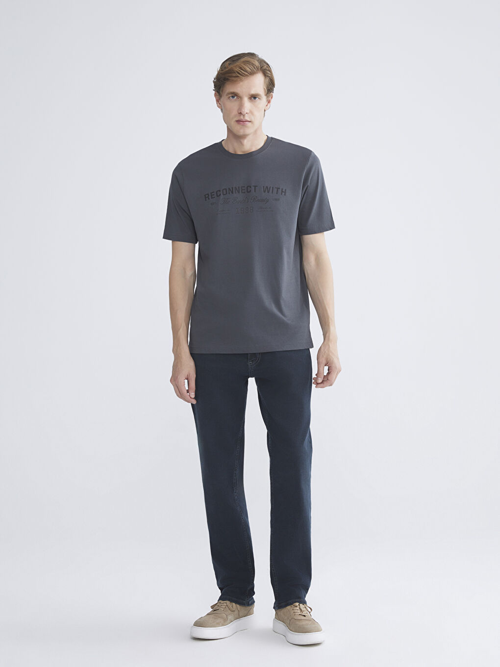 Mavi Bisiklet Yaka Baskılı Penye Erkek Tişört-1