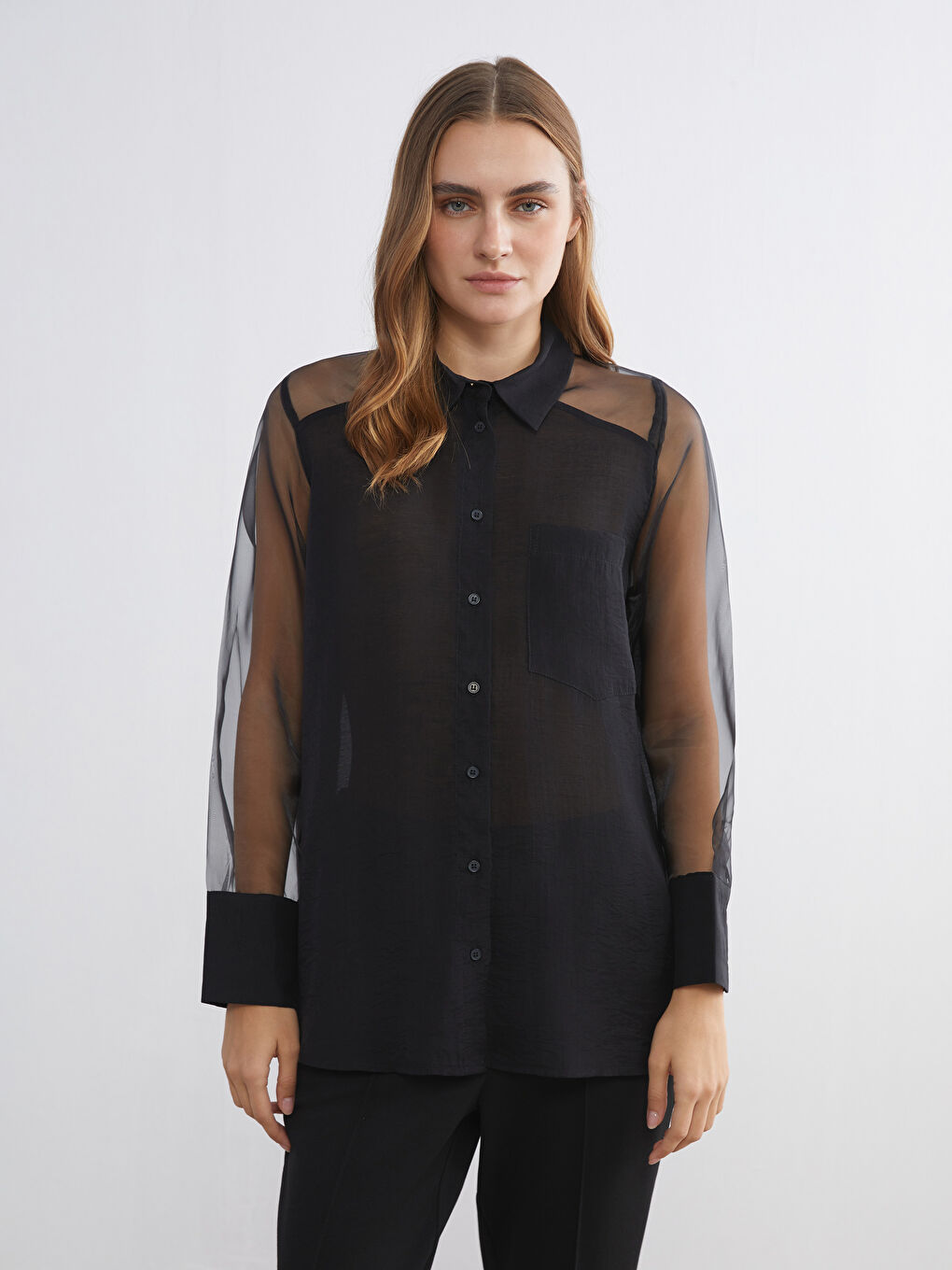 Siyah Transparan Detaylı Oversize Kadın Gömlek