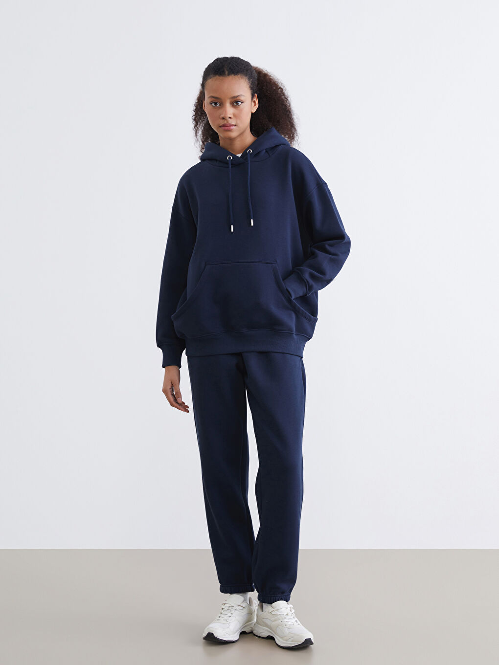 Lacivert Kanguru Cepli Kadın Kalın Hoodie-1