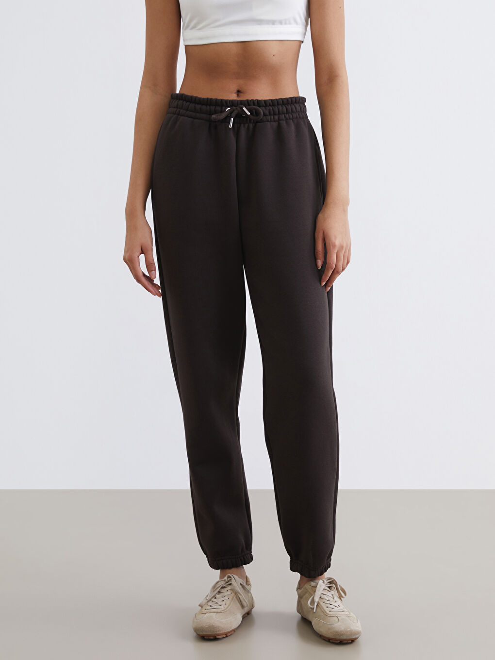 Kahverengi Beli Lastikli Kadın Kalın Jogger Eşofman Altı-1