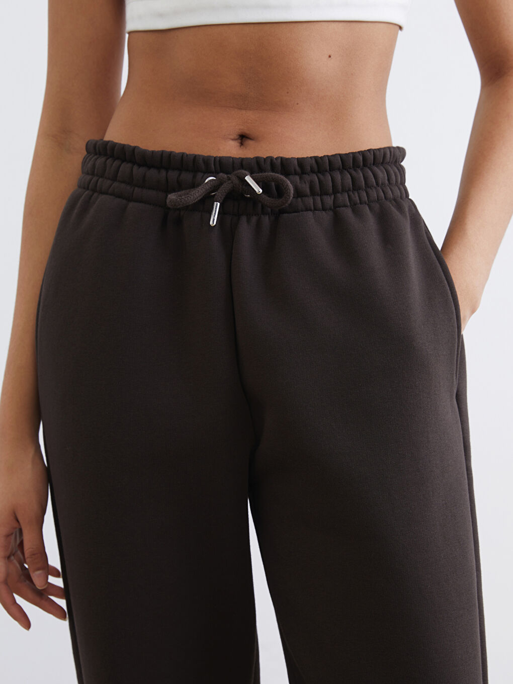 Kahverengi Beli Lastikli Kadın Kalın Jogger Eşofman Altı-2