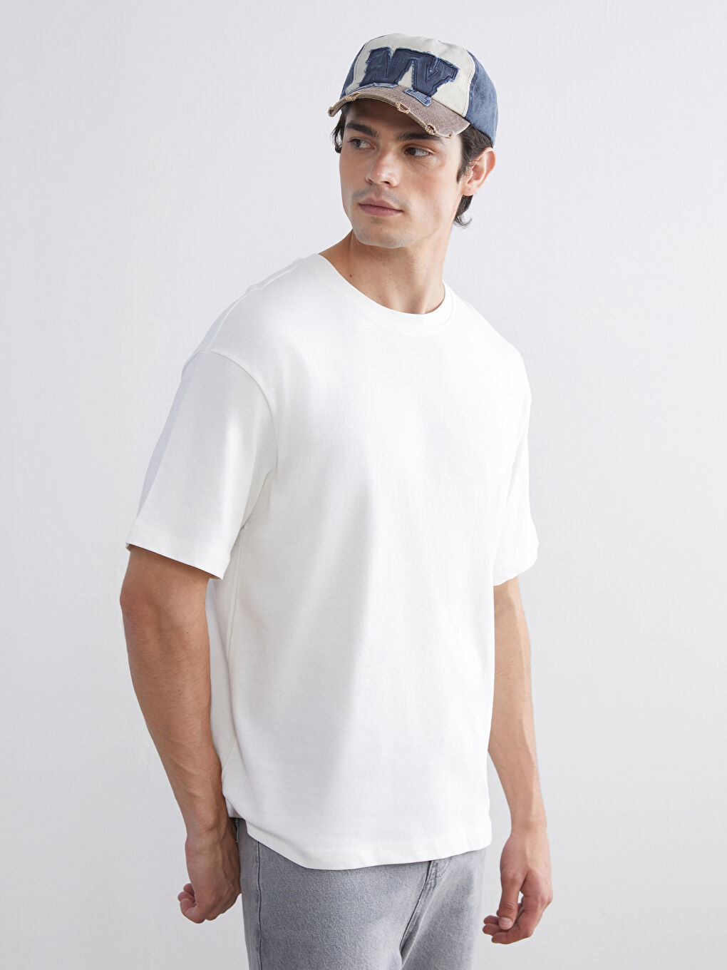 Ekru Bisiklet Yaka Penye Erkek Tişört 3'lü Paket-5