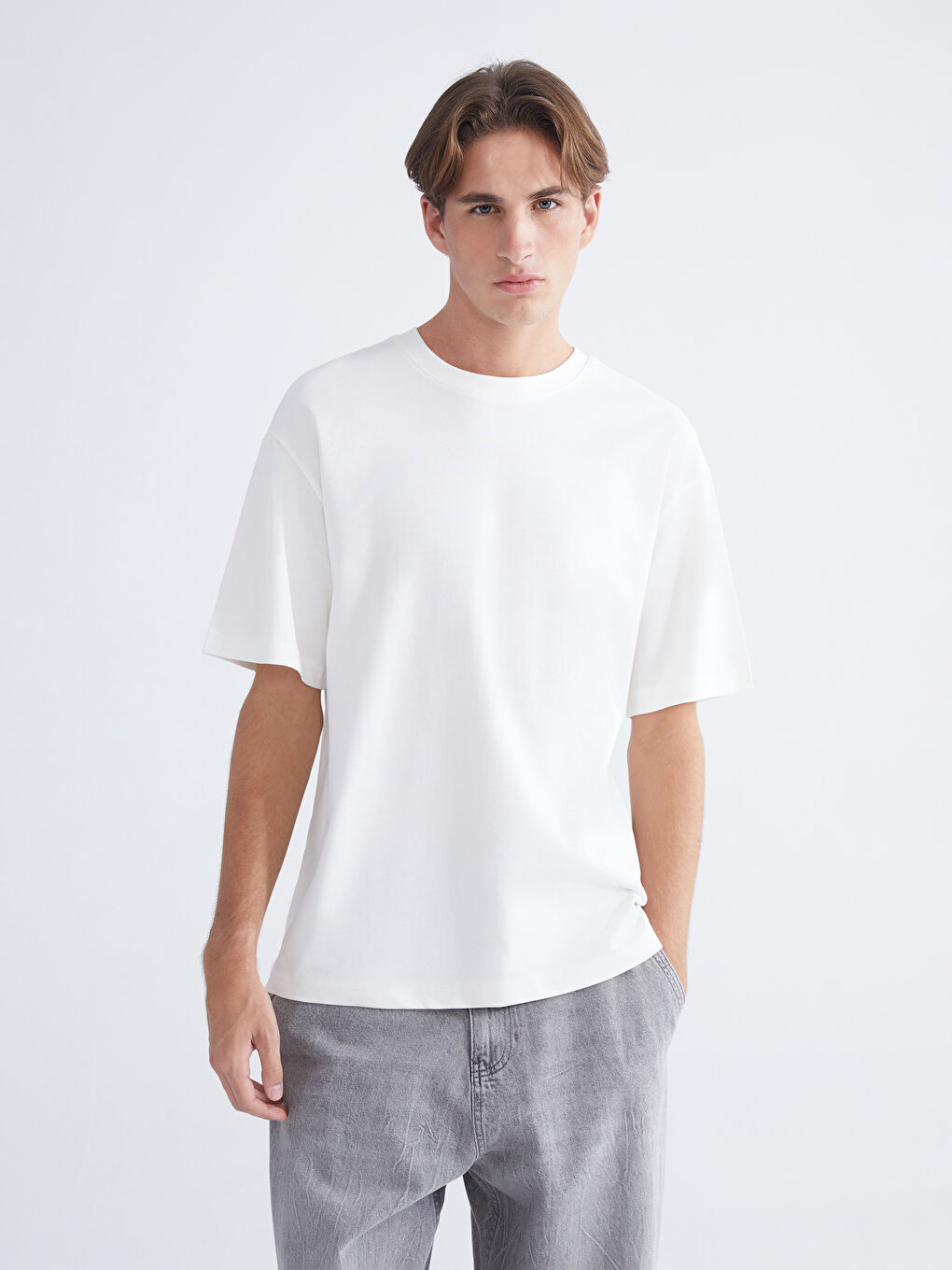 Ekru Bisiklet Yaka Penye Erkek Tişört 3'lü Paket-1