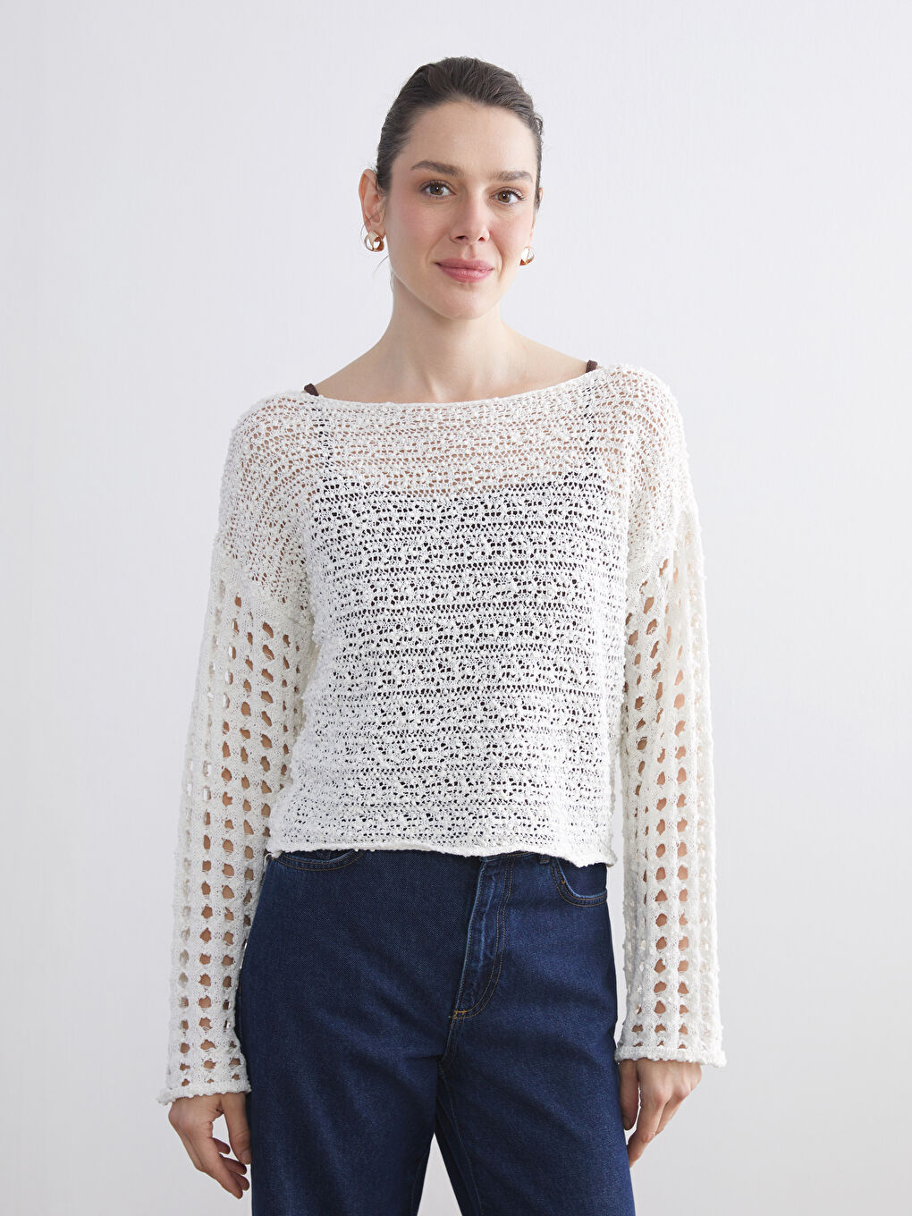 Slash Neck Hole-Knitted Women's Knitwear Sweater