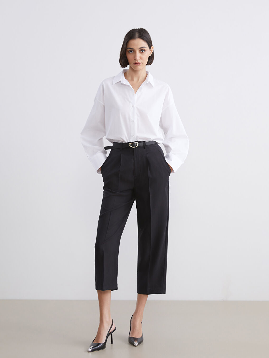 Ekru Düşük Omuzlu Oversize Kadın Gömlek-1