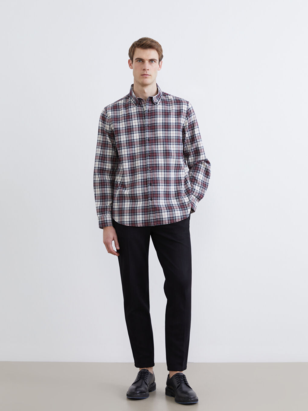 قميص الفانيلا كم طويل كارو قصة مريحة رجال-1