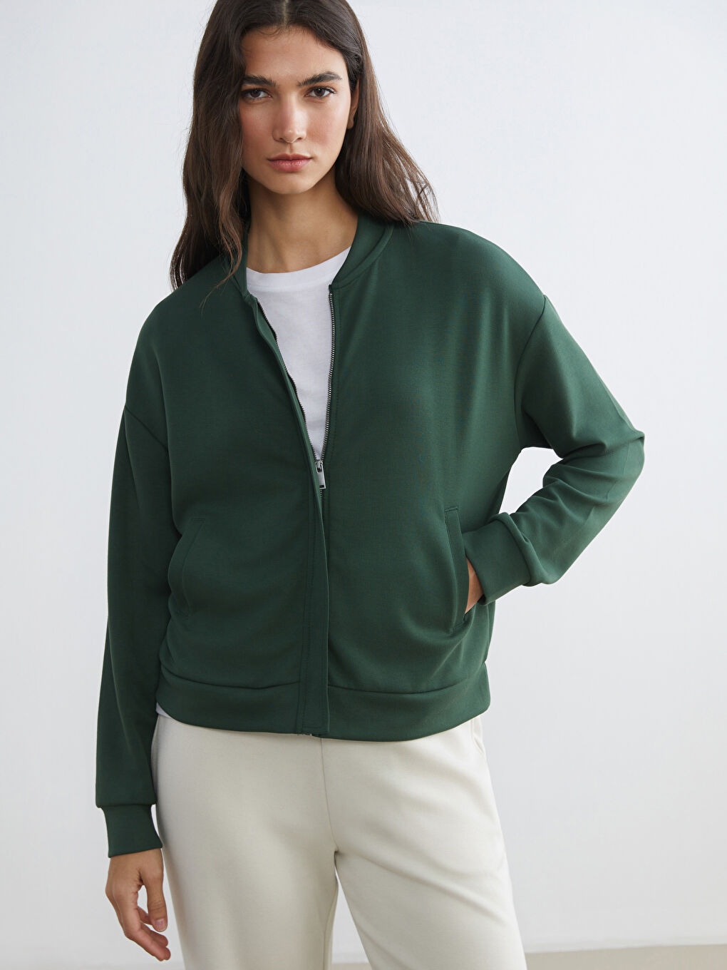 Yeşil Kolej Yaka Oversize Kadın Fermuarlı Sweatshirt