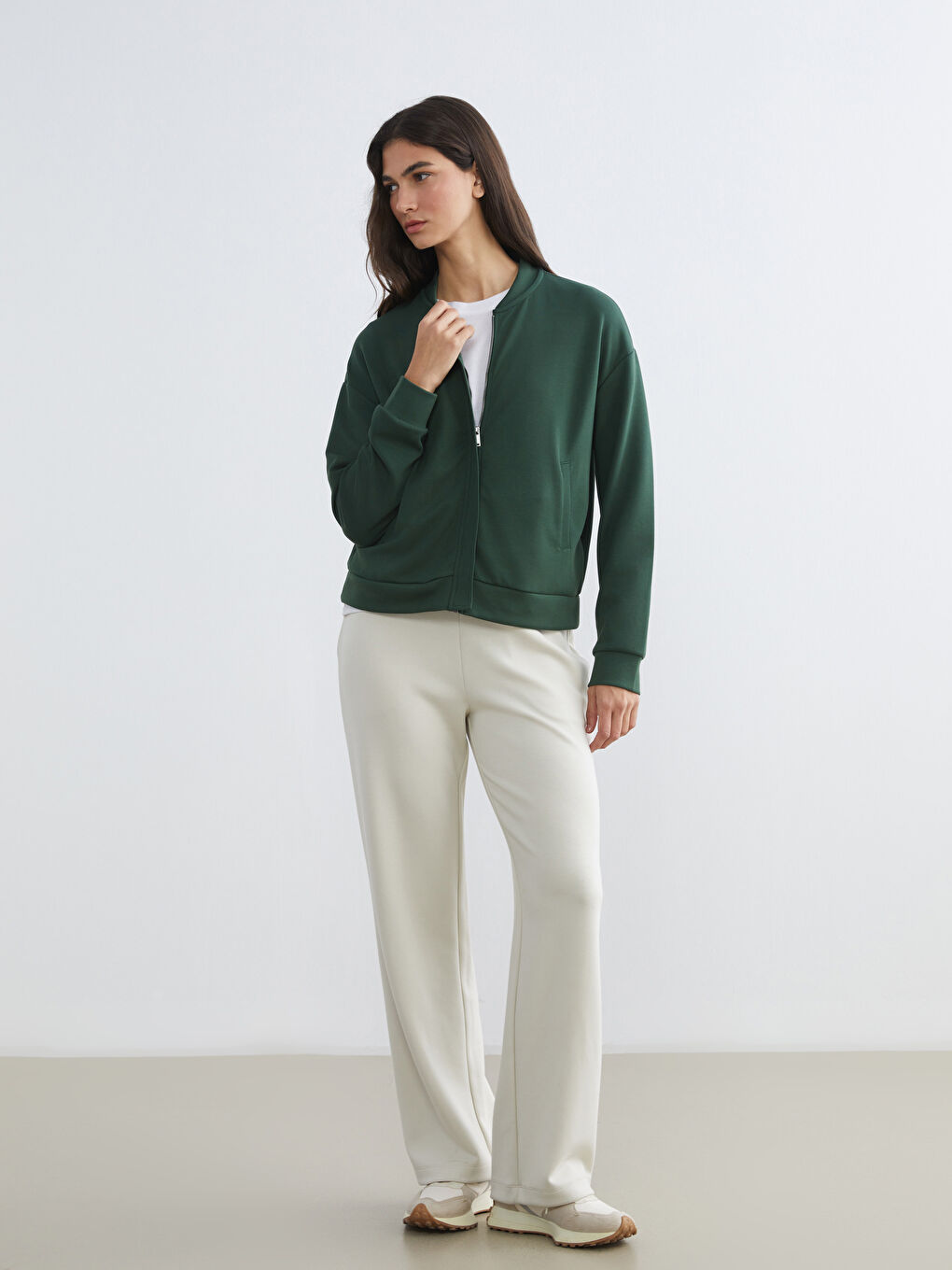 Yeşil Kolej Yaka Oversize Kadın Fermuarlı Sweatshirt-1