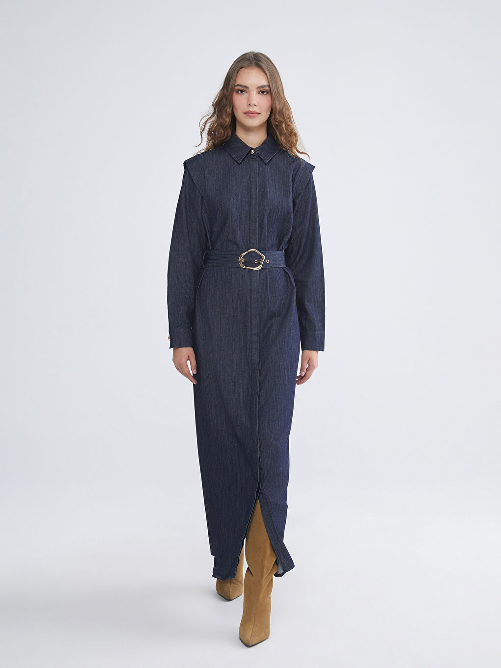 İndigo Gömlek Yaka Kemerli Jean Elbise