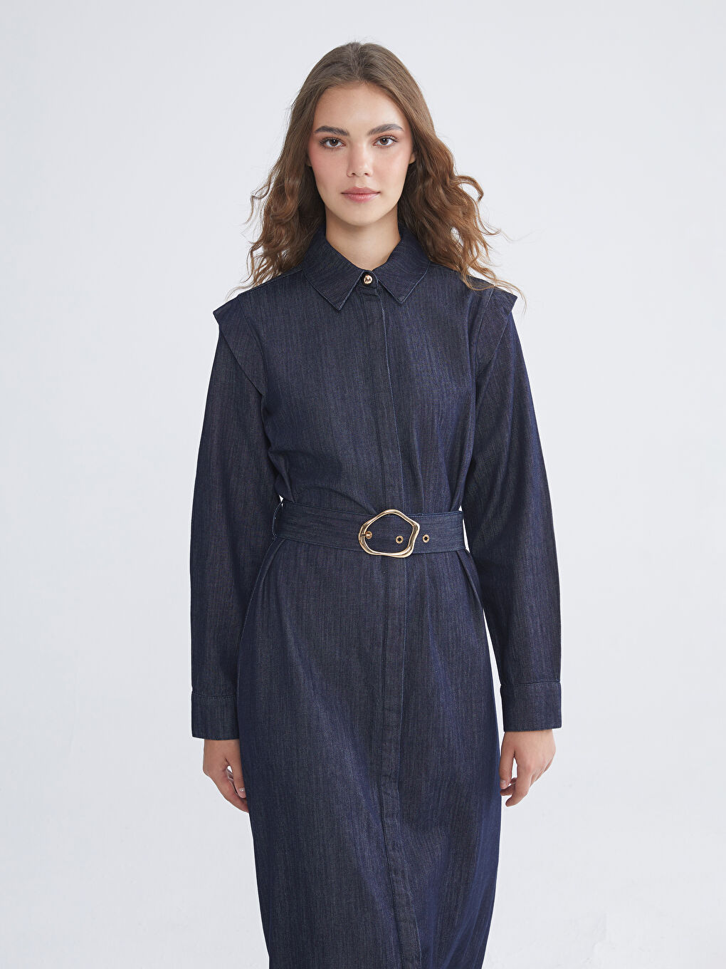 İndigo Gömlek Yaka Kemerli Jean Elbise-1