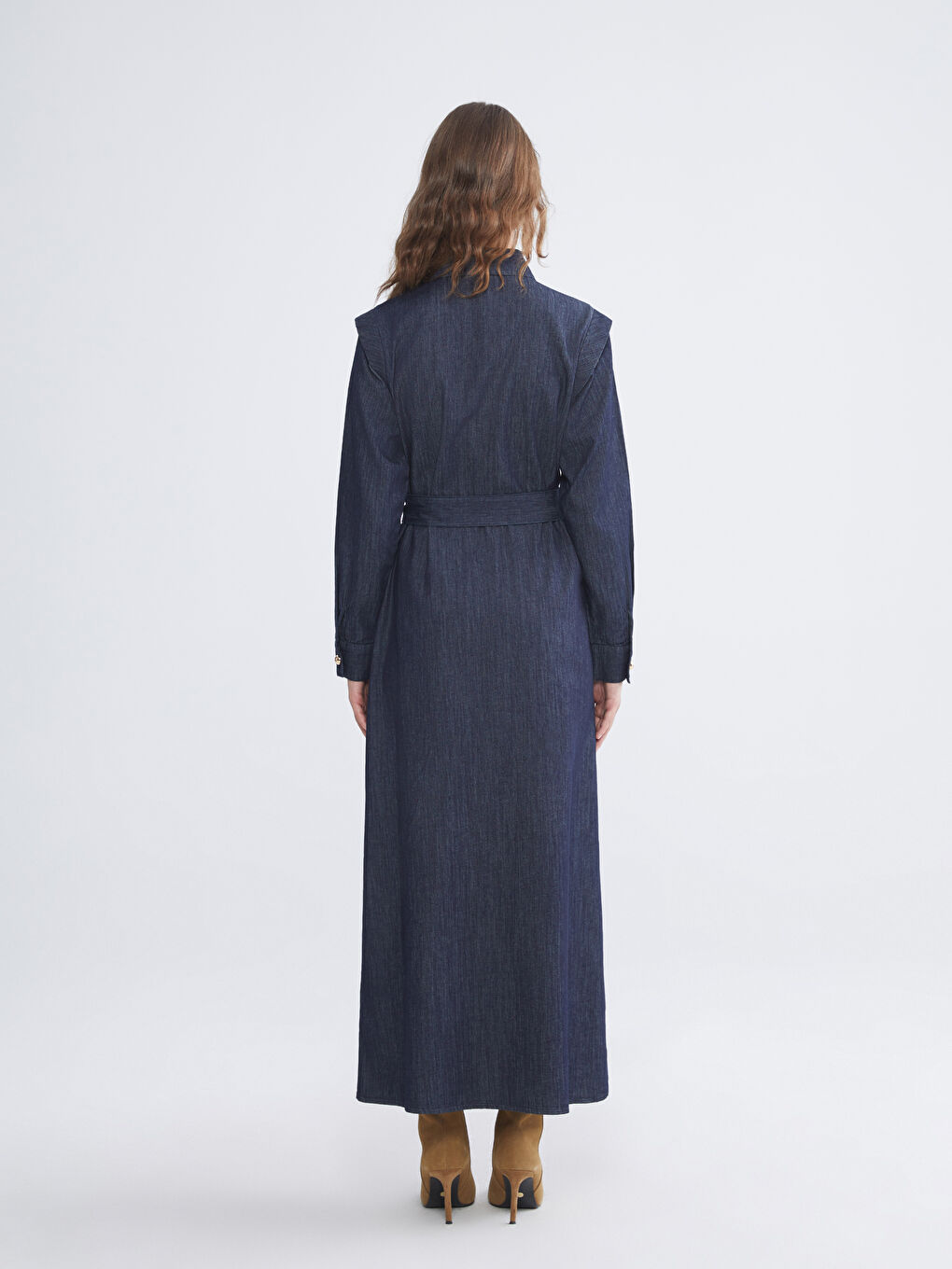 İndigo Gömlek Yaka Kemerli Jean Elbise-3